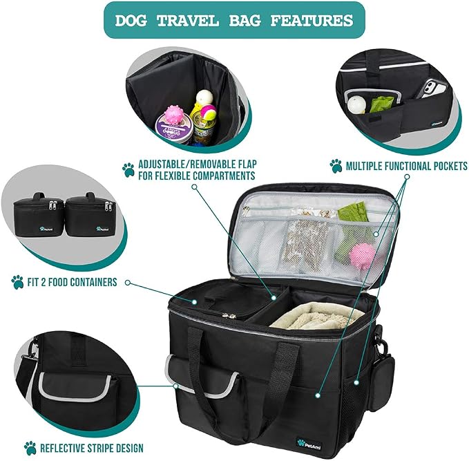 PetAmi Dog Travel Bag Organizer, Pet Travel Kit with 2 Food Containers & 2 Collapsible Dog Bowls, Pet Supplies Tote with Luggage Sleeve, Weekend Road Trip Camping Essentials, Black, Medium - Image 4