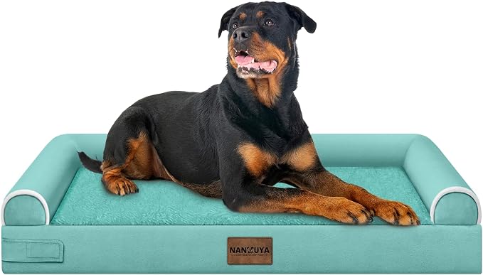 NANUYA Orthopedic Dog Bed for XX-Large Dogs, 44 x 34 Inch, Aqua Blue | Egg crate foam for joint support, 3-sided bolster pet sofa, waterproof lining, washable cover, and non-skid base by Nanuya