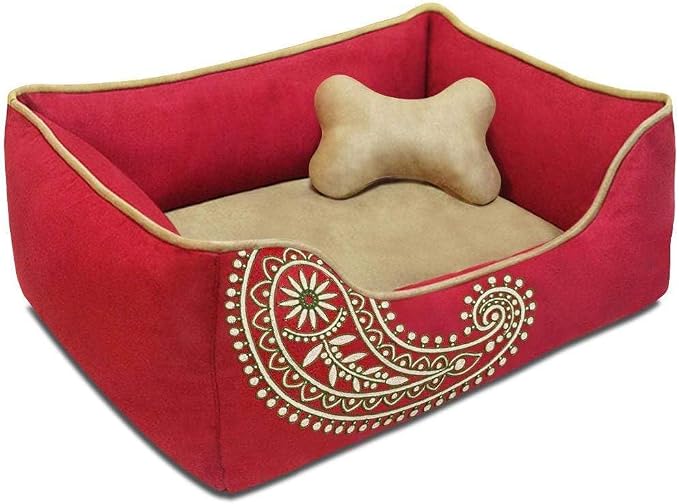 Blueberry Pet Heavy Duty Microsuede Bed Cover Only, Removable & Washable Replacement Cover with YKK Zippers, for Cats & Dogs Bed 34" x 24" x 12", Tango Red Embroidered Paisley - Image 2