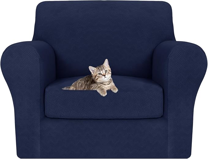 MAXIJIN 2 Piece Chair Covers Chair Slipcover with Arms, Sofa Chair Cover for Living Room Armchair Cover, Stretch Pet Dog Slip Cover for A Chair with 1 Cushion (31"-46", Navy Blue) by MAXIJIN