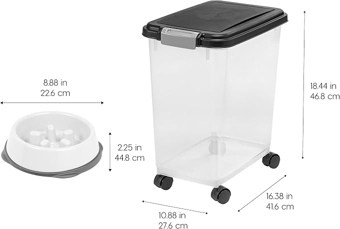 IRIS USA Airtight Dog Food Storage Container with 2-Cup Scoop and Slow Feeder Bowl Combo, Up to 30 lbs Pet Food Bin with Attachable Wheels, Anti-Slip Short Snouted Bowl, Easy to Clean, BPA Free, Black - Image 3