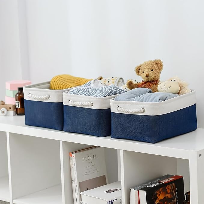 TheWarmHome Storage Bins for Shelves - 1 Pack 13.8x9.7x6.7 inch Collapsible Storage Basket for Organizing, Dog Toy Bin for Closet Organizer laundry Cloth Nursery (White & Jean Blue) - Image 2