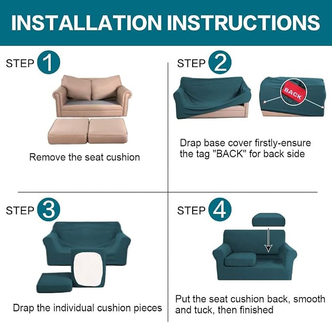Turquoize 3 Piece Sofa Covers for 2 Cushion Couch Sofa Slipcover Soft Couch Cover for Dogs-Washable Sofa Furniture Covers with 2 Individual Cushion Covers, Feature Fabric (2 Cushion Sofa, Deep Teal) - Image 6