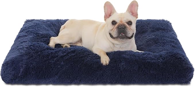 Bedfolks Waterproof Dog Crate Pad, Plush With Removable Cover, Faux Fur for Large Dogs, Fluffy Washable Kennel Bed 35"x23", Solid Dark Blue by Bedfolks