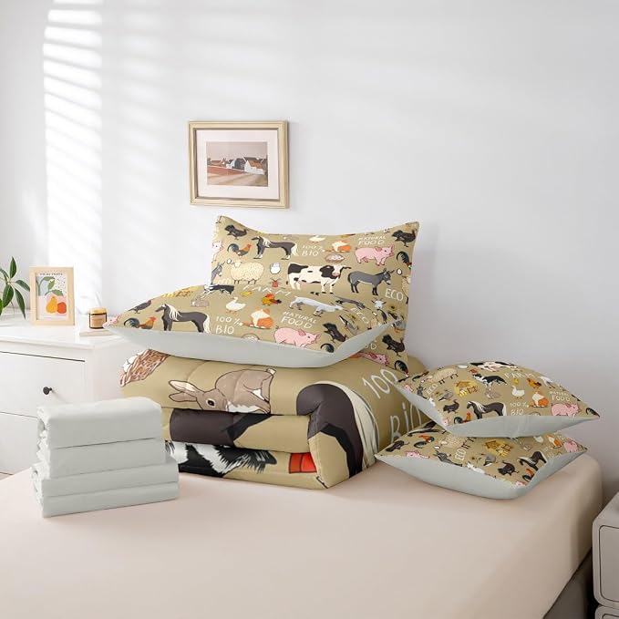 Erosebridal Rustic Farm Animal Comforter Sets with Sheets, Cartoon Animals Bedding Set King for Boys Girls Funny Country Theme 7 Pieces Bed in A Bag Cute Pig Cat Dog Cow Bed Set - Image 5