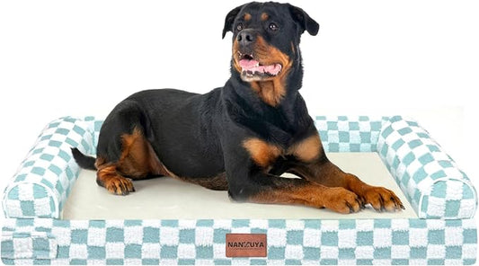 NANUYA Orthopedic Dog Bed for XX-Large Dogs, 44 x 34 Inch, Green Grid | Egg crate foam for joint support, 3-sided bolster pet sofa, waterproof lining, washable cover, and non-skid base by Nanuya