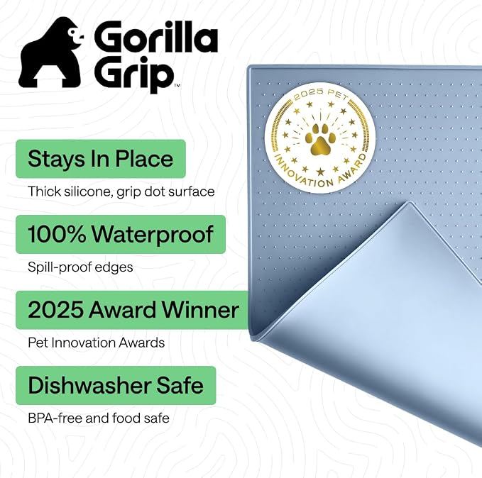 GORILLA GRIP 100% Waterproof Raised Edge BPA Free Silicone Pet Feeding Mat, Dog Cat Food Mats Contain Spills Protects Floors, Placemats for Cats and Dogs Water Bowl, Pets Accessories 32x24 Blue - Image 2