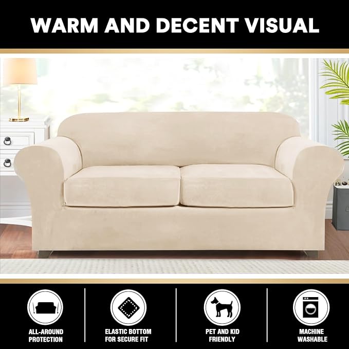 PrinceDeco Couch Cover Velvet Plush Sofa Covers for 2 Cushion Couch Width Up to 90 Inch Washable Furniture Protector Pet Friendly No Slip Sofa Slipcover(Medium-Large, Cream) - Image 6