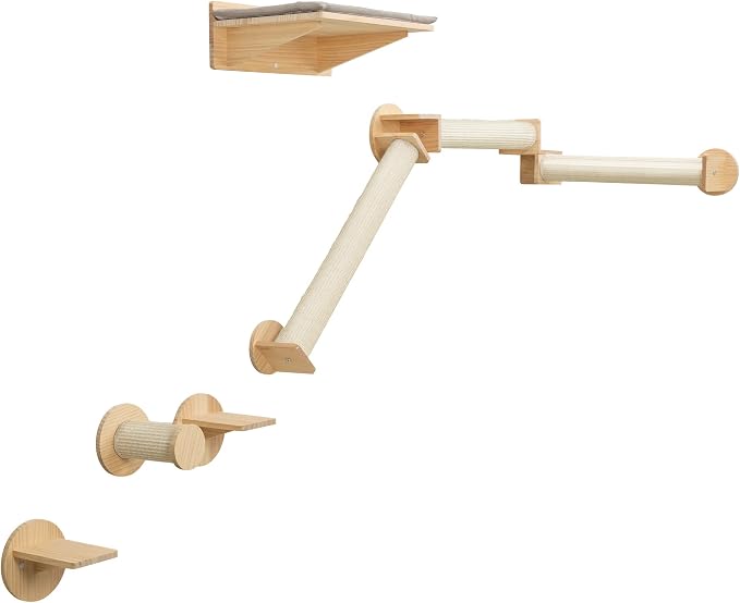 Trixie Cat Wall Furniture Set 6-7pc Cat Climbing Wall Set - Sisal Rope Scratching Posts, Elevated Bed, Corner Shelf, Steps - Natural/White by TRIXIE