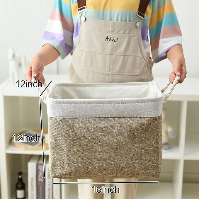 TheWarmHome Organization and Storage Basket for Gifts Empty - 16x12x12 inch Cube Storage bin 3 Pack Fabric Storage Cubes, Collapsible Baskets for Organizer Closet Cloth Gift Toy (White & Khaki) - Image 5