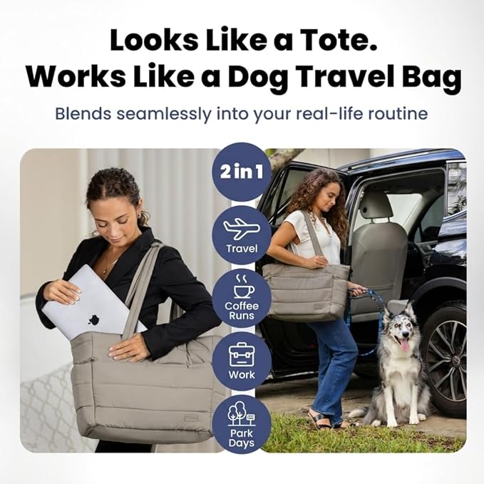Rubyloo Puffer Dog Travel Bag for Dog Moms, Diaper Bag with Travel Bowls | 2 BPA-Free Collapsible Bowls, 2 Pet Food Containers, 9 Pockets, Everyday Puffer Bag Works With or Without Your Dog, Khaki - Image 2