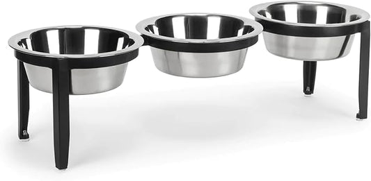 NMN Designs Vision Triple Diner - 3 Bowl Dog Feeder - Medium to Large Dogs - Multi-Dog Feeding Station - Furniture Grade Steel - UV Weather Resistant - No Noise - Indoor/Outdoor - 7" Tall by NMNDesigns
