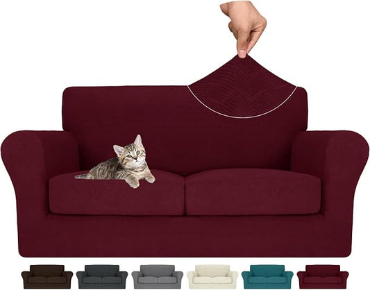 MAXIJIN 3 Piece Couch Covers for 2 Cushion Couch loveseat Cover, Stretch Love Seat Sofa Slipcovers for Dogs Pet, Thick Furniture Protector with 2 Seat Cushion (55"-69", Wine Red) by MAXIJIN