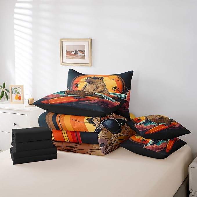 Erosebridal Cute Beaver King Size Comforter Set with Sheets, Wild Animal Bed in A Bag for Kids Teens Youth Adults Bedroom, Wildlife 7 Pcs Bedding Set, Funny Beach Palm Tree Bed Sets - Image 5
