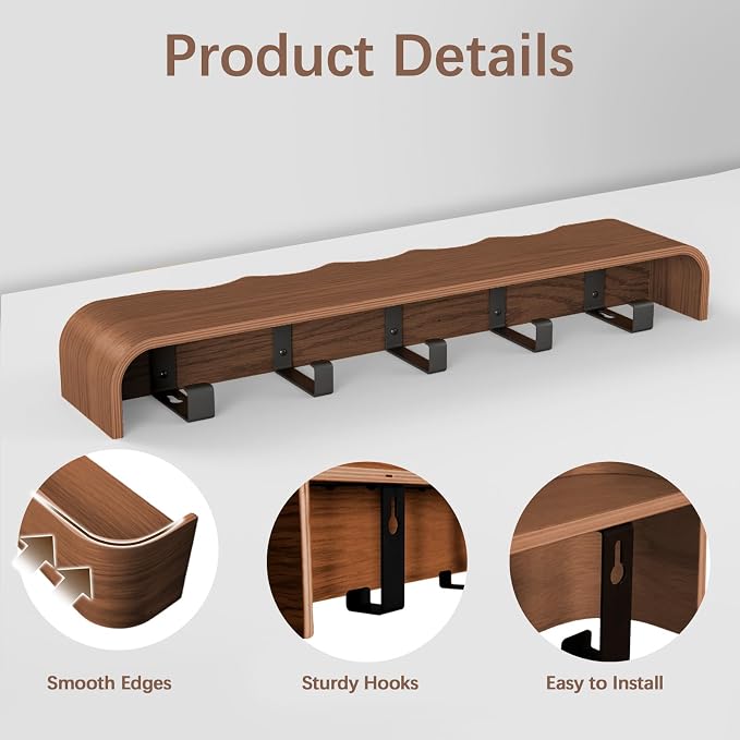Coat Rack Wall Mount with Hidden Hooks, Wall Hooks with Shelf, Wall Key Holder Mount Wooden Shelf Entryway Hooks for Bedroom Bathroom for Hanging Coats Hats Bags Towels (Walnut Wave-Shape, 5 Hooks) - Image 3