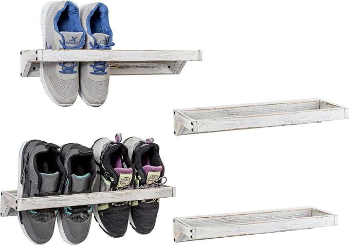 MyGift Set of 4 Shabby White Washed Solid Wood Hanging Shoe Storage Organizer Racks, Wall Mounted Space Saving Footwear Holder for Closet, Mudroom, Entryway, Holds 8 Pairs by MyGiftHome