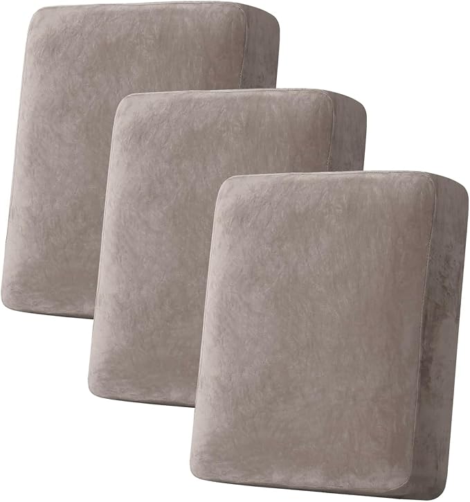 H.VERSAILTEX Velvet Stretch Couch Cushion Cover Plush Cushion Slipcover for Chair Loveseat Sofa Cushion Furniture Protector Seat Cushion Sofa Cover (3 Piece Sofa Cushion Covers, Taupe) by HVERSAILTEX