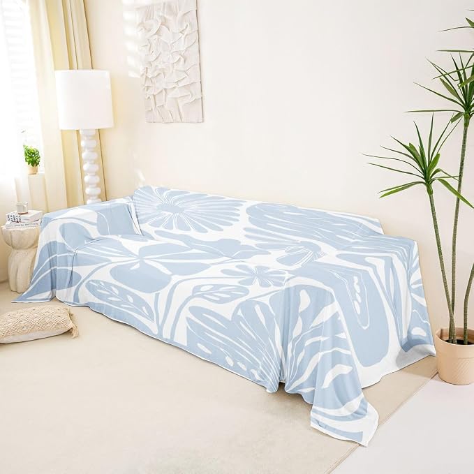 Erosebridal Light Blue Flower Couch Cover Retro Aesthetic Floral Sofa Cover Minimalist Vintage Art Sofa Protector 71" X 118" 70S Modern Abstract Washable Non Slip Couch Protector for Pets, Kids, Dog - Image 2