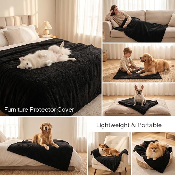 Black Waterproof Calming Pet Blankets for Dogs Reversible Fluffy Sherpa Fleece Pets Blanket for Dog Cats Warm Couch Sofa Beds Covers Washable (Black,XL-85x57in) - Image 6