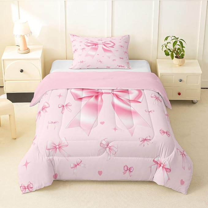 Manfei Pink Bowknot Comforter Set Toddler Size,Preppy Trendy Kawaii Princess Bedding Set for Kids Teens Bedroom,Cute Ribbon Bow Tie Down Comforter,2 Pcs 1 Pillowcase - Image 3
