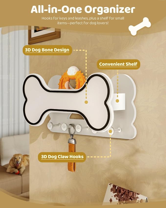 MTERSN Decorative Dog Leash Holder for Wall - Doggie Bone Shape Key Holder Wall Mount with 5 Chic 3D Puppy Paw Hooks & Dog Stuff Storage Shelf - Apartment Essentials (Black & White) - Image 4
