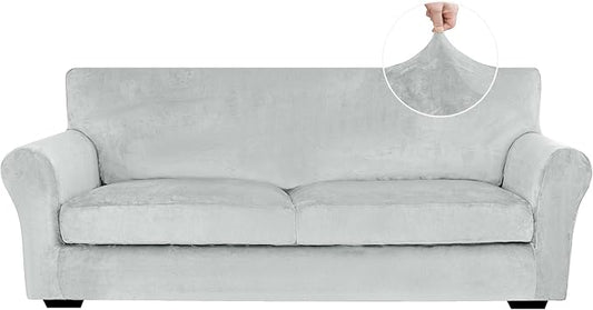XINEAGE 3-Piece Velvet Sofa Cover,Couch Covers for Dog,Silver Gray | 2 Cushion Sofa,Stretch Non-slip Elastic, Pet-friendly, Washable, Fast Setup, Soft Plush Fabric, Furniture Protector. by XINEAGE