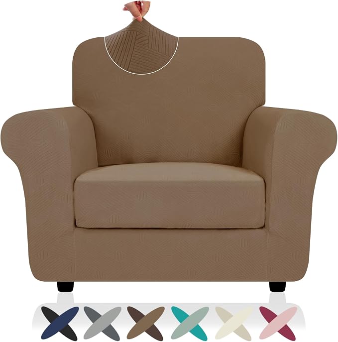 ZNSAYOTX 2 Piece Stretch Chair Covers (31"-46"), Thick Striped Armchair Slipcover with Elastic Band Bottom Ties Non-Slip Stay in Place, Soft Durable Arm Chair Covers for Living Room, Light Coffee by ZNSAYOTX