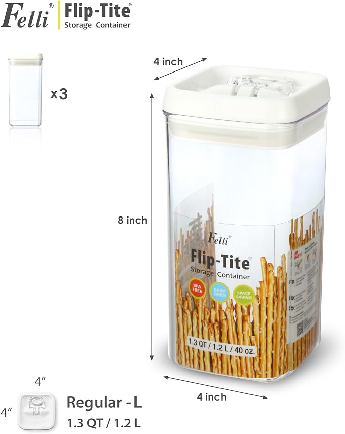 Felli Flip Tite Food Storage Container with Lid Airtight 4" Ring Seal Flip Top, Stackable Acrylic Canister Jar for Pantry Kitchen Counter, Snack Coffee Bean Granola Pet Treats Cracker Holder (1.2 L) - Image 3