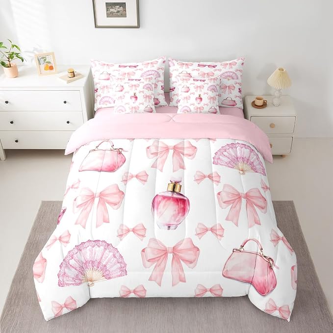 Erosebridal 7 Pcs Bowknot Girls Kids Comforter Set Queen Bed in a Bag,Girly Makeup Theme Bedding Set,Dreamy Princess Style Sheet Set,Perfume Beauty Duvet Insert,Valentine Bow Quilt for Girlfriend - Image 2