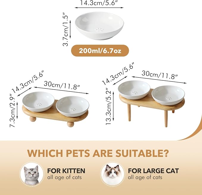 Havniva Elevated Cat Bowls, Raised Ceramic Cat Bowl with Stand, Two Heights | Cat Food & Water Bowl Set, Whisker Friendly, 5.6” Raised Cat Dishes, Shallow Cat Plate, Non-slip Wood Stand, Kitten Food Bowl - Image 2