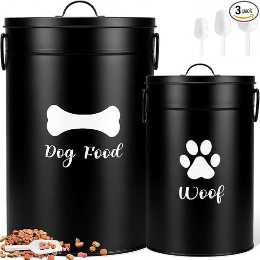 DoubleFill Extra Large 30+14 lb Metal Dog Food Storage Containers Set of 2 Black Airtight Dog Treat Snack Jars with Lids and Spoon Farm House Style Big Pet Cookie Storage Bin for Kitchen Counter Gift by DoubleFill