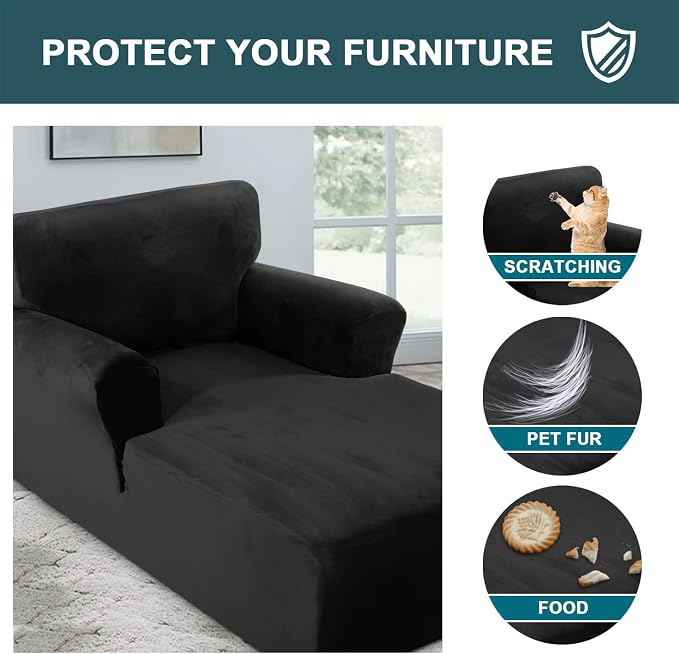 FantasDecor Velvet Chaise Lounge Cover Stretch Double Arm Chair Slipcover for Living Room Bedroom Soft Plush Fabric Machine Washable, Black - Image 5