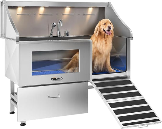 POLIMO Dog Washing Station with LED Display 61" (Right Ramp), 304 Stainless Steel Dog Bathtub for Large, Medium & Small Dogs, Professional Grooming Tub with Faucet, Storage Drawer, Floor Grate, Window by BathTimeMadeEasy