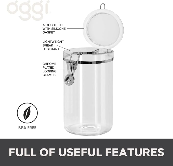 Oggi Large Clear Canister with Clamp Lid, 72 oz - Large Airtight Food Storage Container, for Kitchen & Pantry Storage of Bulk, Dry Foods, Pasta, Flour, Sugar, Coffee, Rice, Tea, Spices & Herbs - Image 2