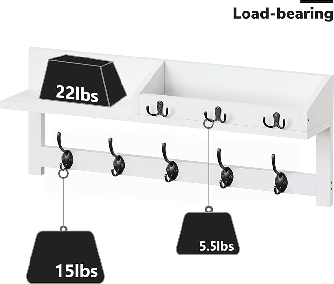 AMBIRD Wall Hooks with Shelf, 26.57 Inch Entryway Wood Coat Hooks for Wall, Coat Rack Wall Mount with 5 Dual Hooks 3 Key Hooks Mail Organizer and Key Rack Holder (White) - Image 8