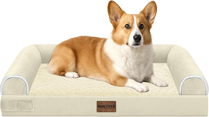 NANUYA Orthopedic Dog Bed for Medium Dogs, 30 x 20 Inch, Beige | Egg crate foam for joint support, 3-sided bolster pet sofa, waterproof lining, washable cover, and non-skid base by Nanuya