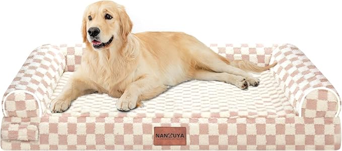 NANUYA Orthopedic Dog Bed for Large Dogs, 36 x 27 Inch, Pink Grid | Egg crate foam for joint support, 3-sided bolster pet sofa, waterproof lining, washable cover, and non-skid base by Nanuya