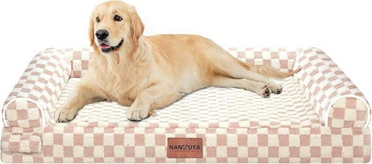 NANUYA Orthopedic Dog Bed for Large Dogs, 36 x 27 Inch, Pink Grid | Egg crate foam for joint support, 3-sided bolster pet sofa, waterproof lining, washable cover, and non-skid base by Nanuya
