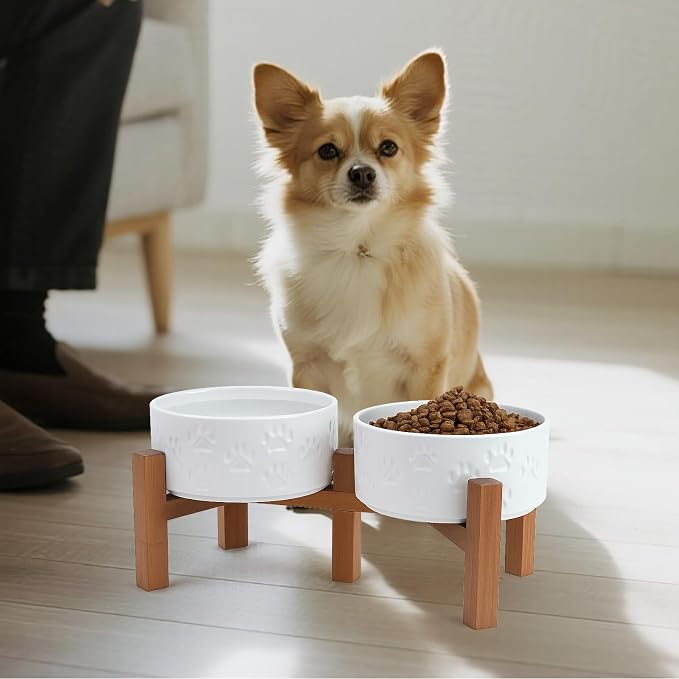 SPUNKYJUNKY Ceramic Elevated Dog Bowl Set with Acacia Wood Stand for Food and Water for Small Medium Sized Dogs (28.74 OZ, White, Dog Paw Pattern) - Image 7