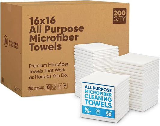 Microfiber Wholesale Bulk 16" x 16" All Purpose Towels Case Quantity (200 Count) | Large | No Fraying | High Density Microfiber | Zero Chemical Cleaner | Long-Lasting (White) by MicrofiberWholesale