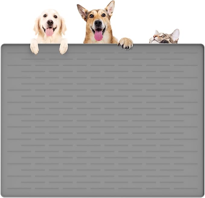 39.4"x29.5" Large Pet Food Mat, Silicone Dog Mats for Food and Water, Nonslip Pet Feeding Mats for Floors,Dog Cat Bowl Mat with Raised Edges, Light Gray by WelcometoULTIBE