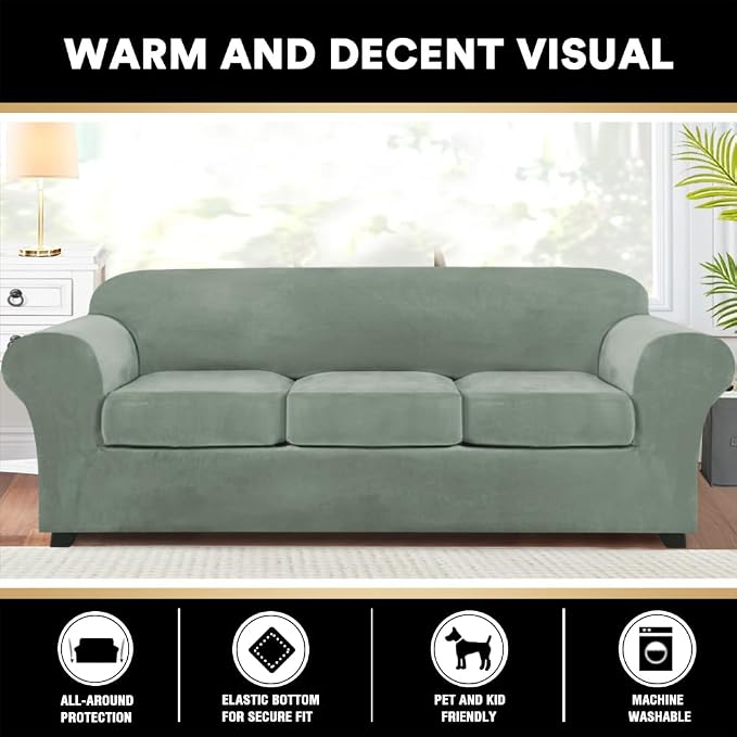 PrinceDeco PriceDeco Velvet XL Couch Cover for Oversized Sofa 4 Piece Sofa Covers for 3 Cushion Couch Washable Furniture Protector with Non Slip Elastic Bottom Width Up to 97 Inch(X-Large, Seagrass) - Image 6