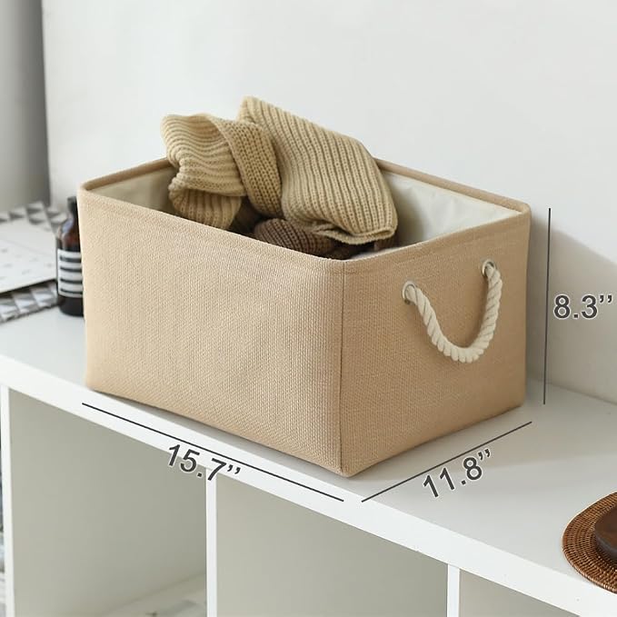TheWarmHome Organization and Storage Bin for Shelves - Large 3 Pack 16x12x8 inch Storage Basket for Organizing, Canves Storage Cubes for Organizer Toy Closet Cloth Gift (Beige) - Image 6