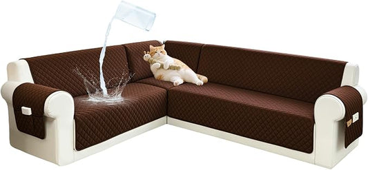 Sectional Couch Covers for Dogs 100% Waterproof Corner L Shaped Sofa Cover Pet Friendly Velvet Washable Anti Slip L Shape Modular Sofa Slipcover Protector with Pockets (Dark Coffee, X-Large) by SYJOVIA