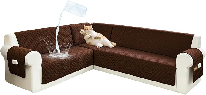 Sectional Couch Covers for Dogs 100% Waterproof Corner L Shaped Sofa Cover Pet Friendly Velvet Washable Anti Slip L Shape Modular Sofa Slipcover Protector with Pockets (Dark Coffee, XL Plus) by SYJOVIA