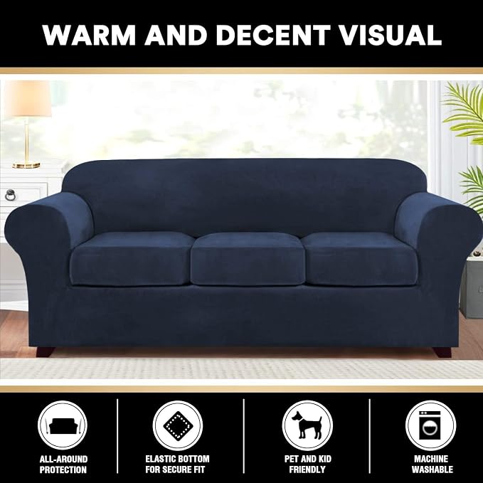 PrinceDeco Velvet Couch Covers for Sofa Soft 4 Pieces Couch Covers for 3 Cushion Couch Sofa Pet Friendly Furniture Protector with Non Slip Elastic Bottom Width Up to 90 Inch (Large, Navy) - Image 6