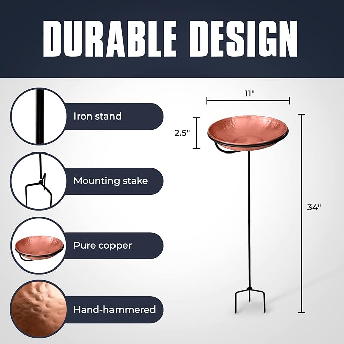 Monarch Abode Standing Bird Bath & Bird Feeder for Outdoors – Pure Copper Hand Hammered Birds Bath Bowl w/ 34-inch Detachable Iron Stand, Wild Birdfeeder and Birdbath for Outside Garden Backyard - Image 6