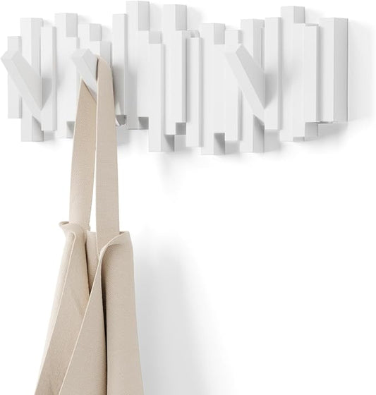 Umbra Sticks Wall Mount Coat Rack, 5 Hook Retractable Pegs, White | Mounting hardware included, sculptural modern design, entryway or bedroom use, recycled plastic by Umbra