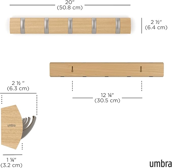 Umbra Flip 5 Wall Mounted Hook | Real wood and steel build, retractable hooks fold flat, holds coats bags and scarves, easy install - Image 3