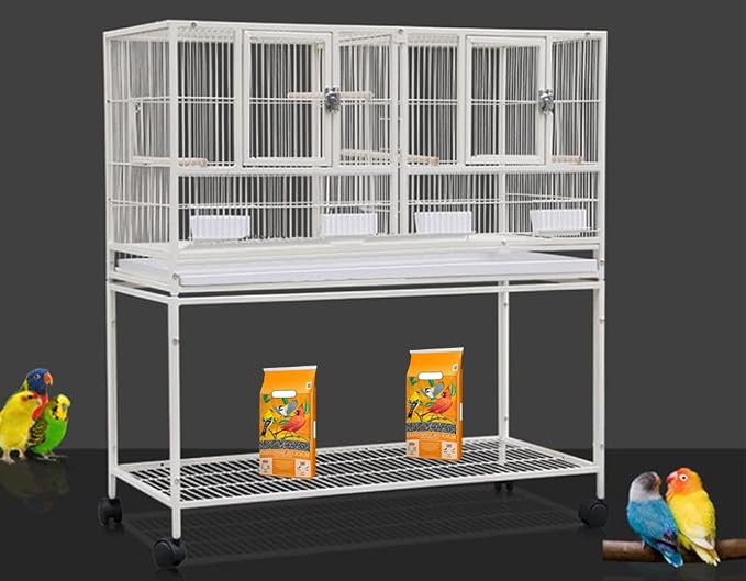 Combo Breeding Single Stacker Sturdy Wrought Iron Center Divided Breeder Bird Flight Rolling Cage Side Breeding Nest Door Feeder Doors Water Food Cups Natural Wood Perch Easy Clean Pull Out Tray by Mcage